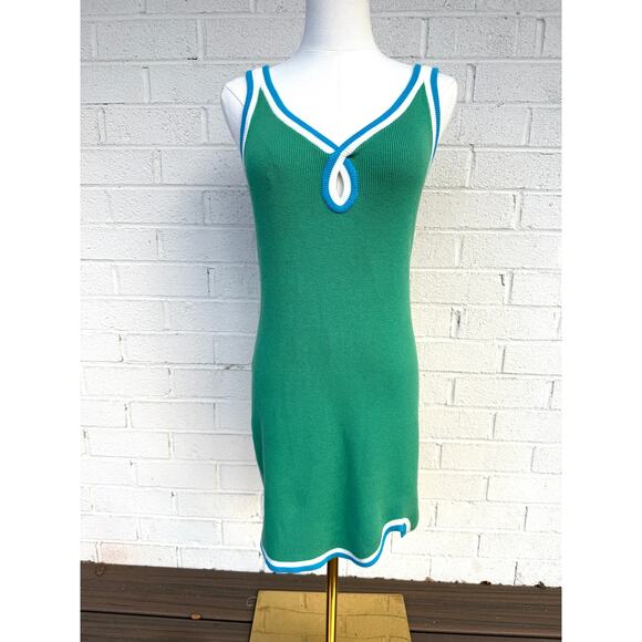 Free People Beach Green Knit Mini Sweater Dress M Keyhole Summer Resort Stretchy - Picture 6 of 11